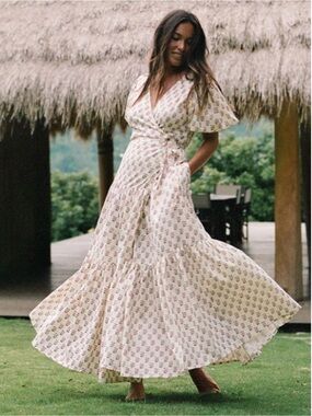 Women's Cream Floral Wrap Maxi Dress Zuri Wrap Dress